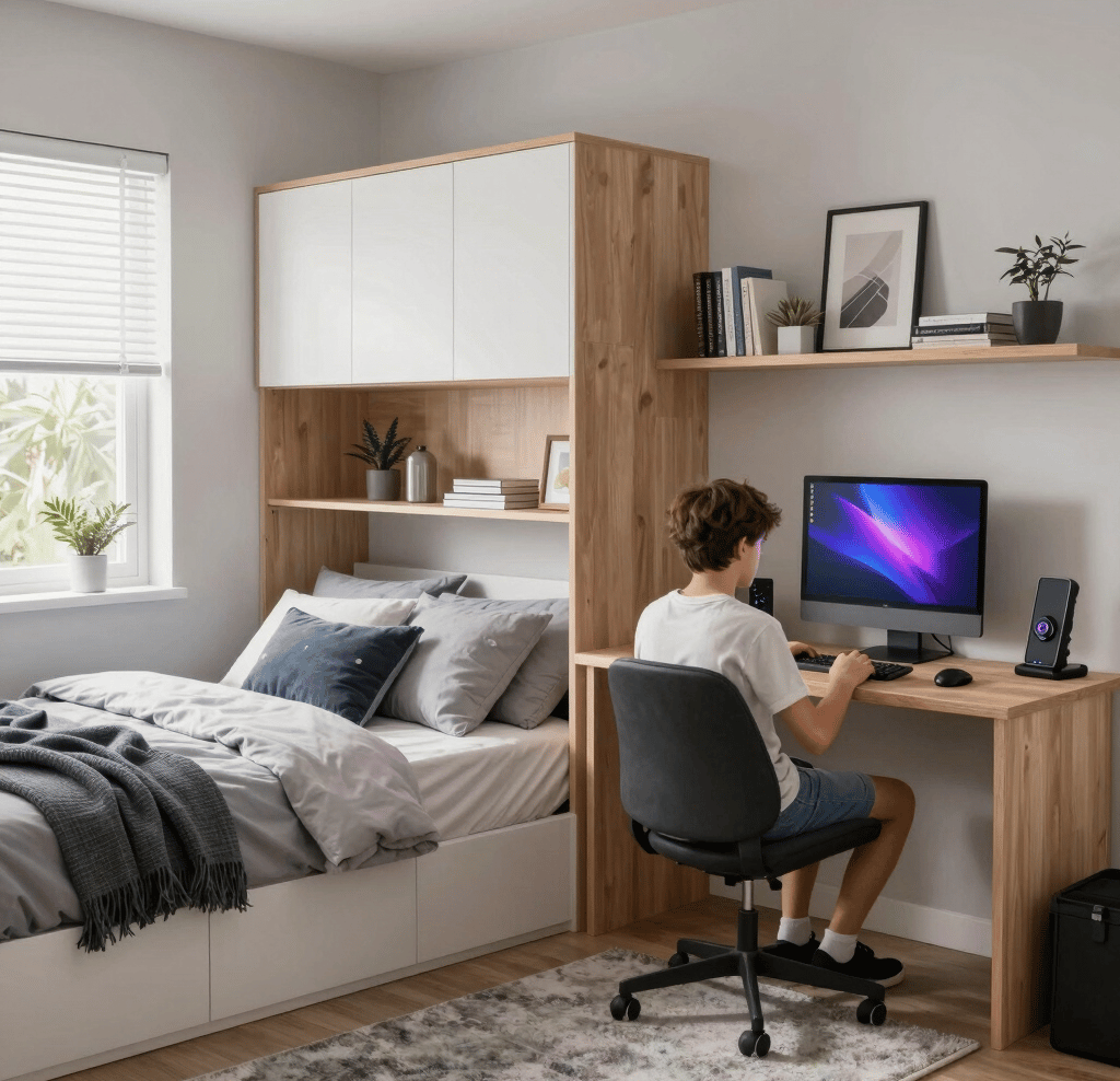 Teen studying at a clean desk with good lighting, organized space improving focus and calm environme