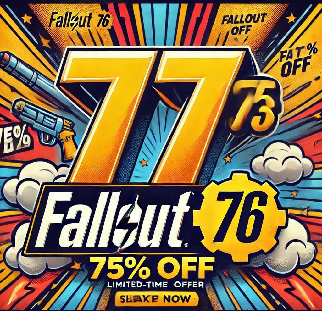 Banner promocional destacando o desconto de 75% em Fallout 76.
