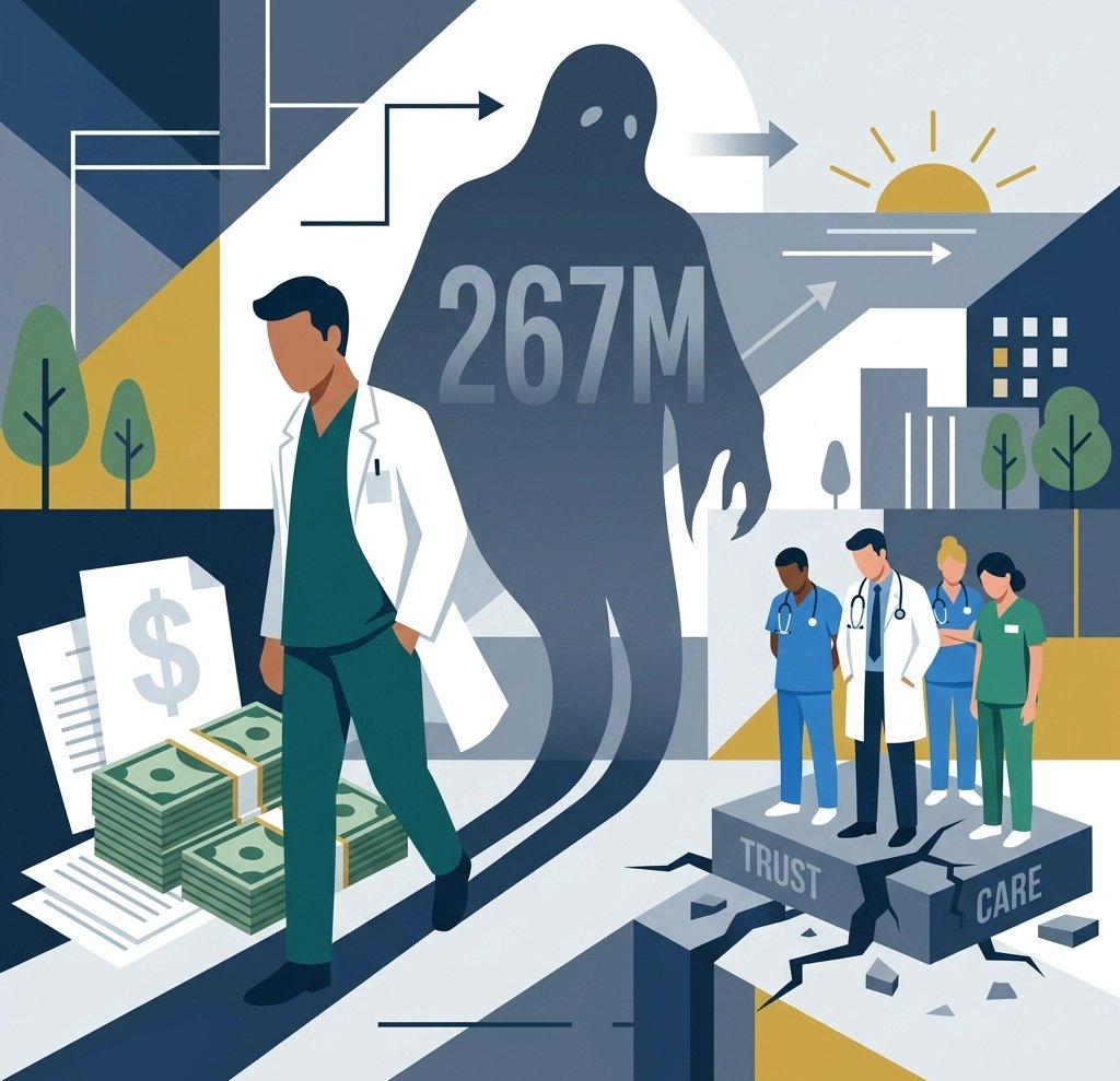 A conceptual digital illustration showing a translucent "phantom" figure standing behind a medical c