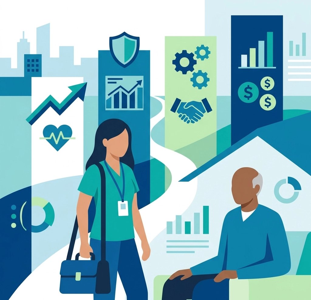 A professional hero image showing a digital dashboard displaying healthcare metrics and the Senate H