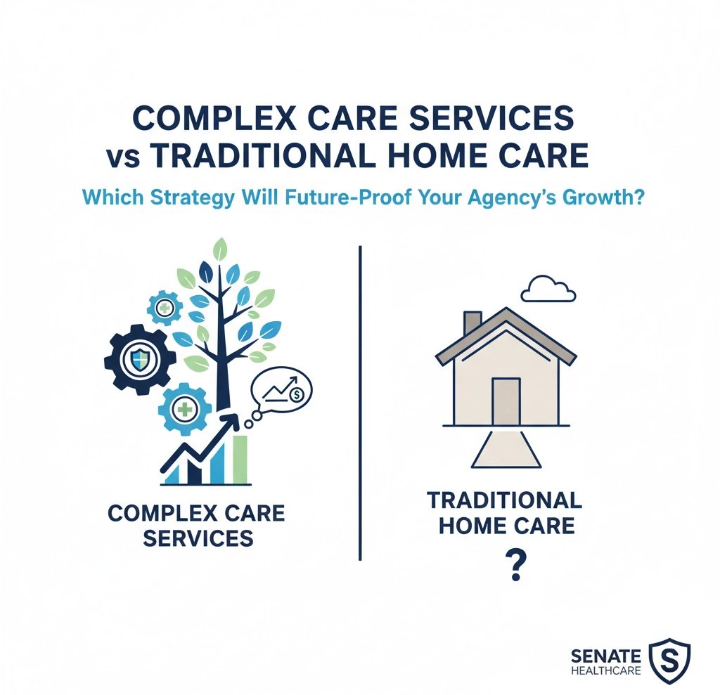 Hero image: Healthcare professional reviewing patient charts and care plans in a modern home setting
