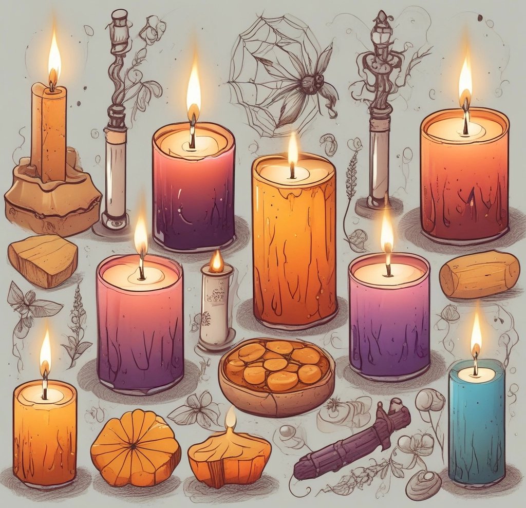 a group of candles sitting on top of a wooden block