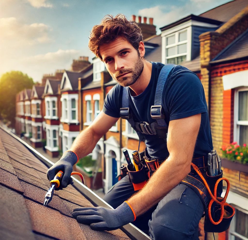 Professional property maintenance worker fixing a roof in London, with a city street in the backgrou