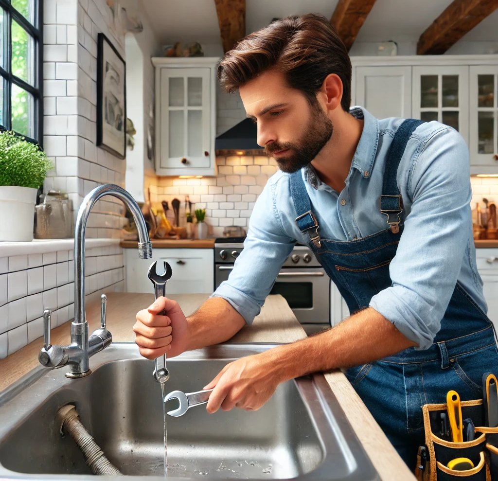 A professional handyman fixing a leaking kitchen sink in a London home, using a wrench while water d