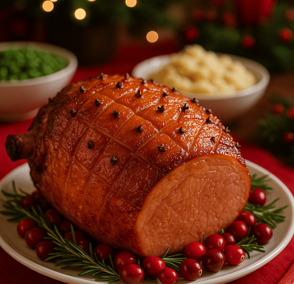 Juicy glazed Christmas ham with cloves on a festive table, perfect for family Christmas dinner