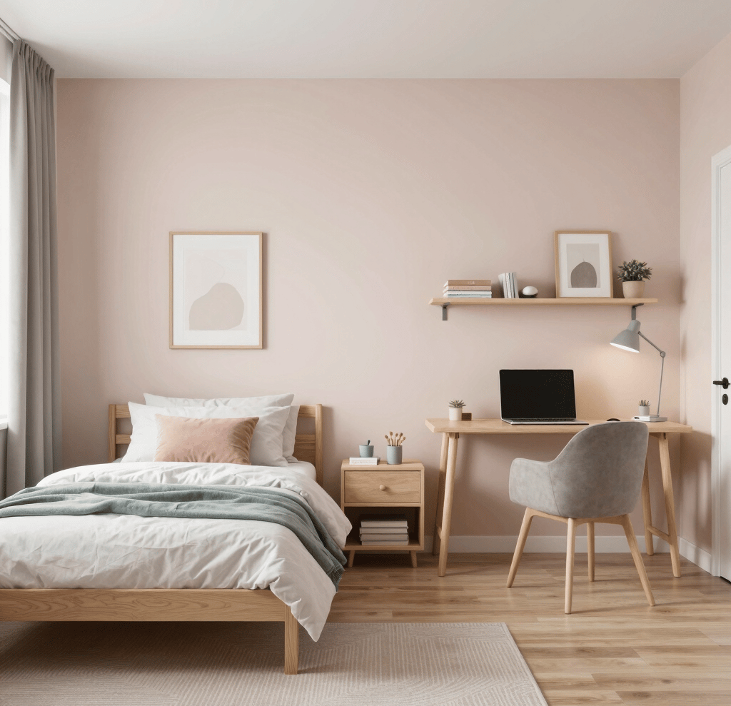 A neatly zoned teen bedroom showing sleeping, study, and hobby areas, each visually separated but co