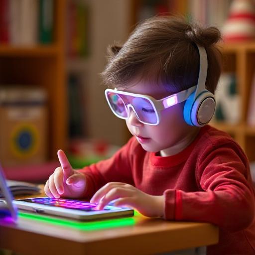 a child wearing headphones sitting on a table