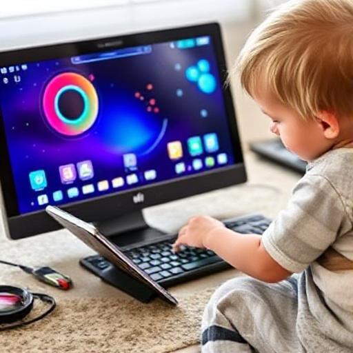 a baby sitting on a couch with a laptop and a monitor