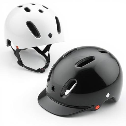 a pair of kids helmets
