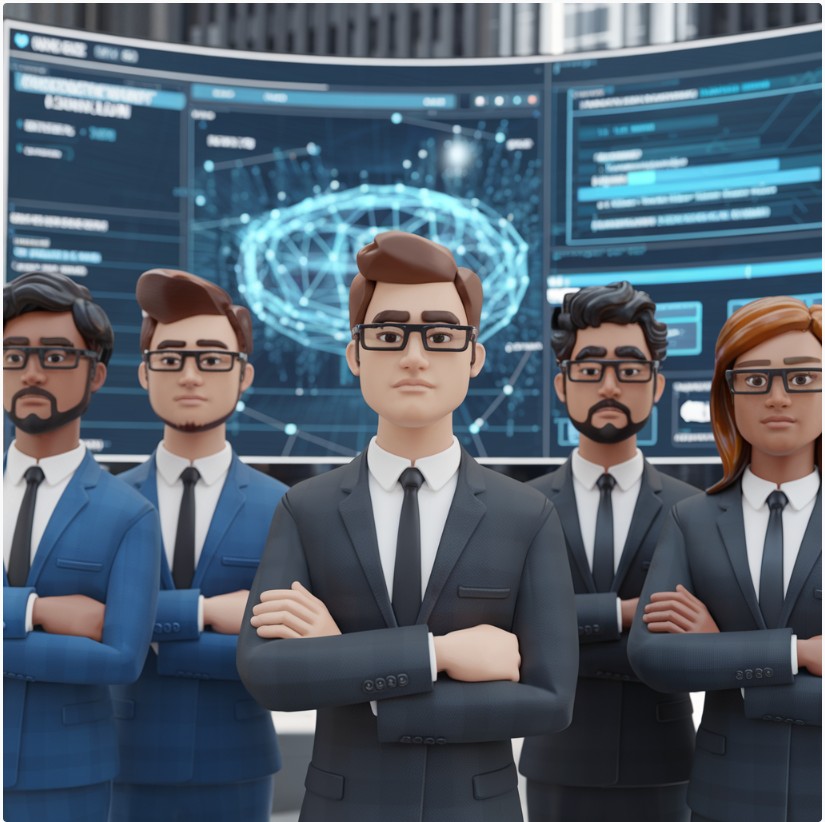a group of business people standing in front of a computer screen