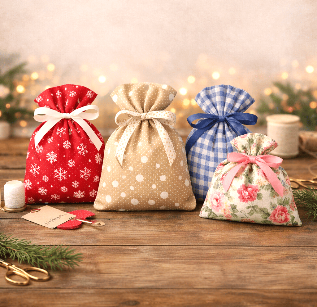 DIY fabric gift bags made from cotton fabric with drawstring clossures.