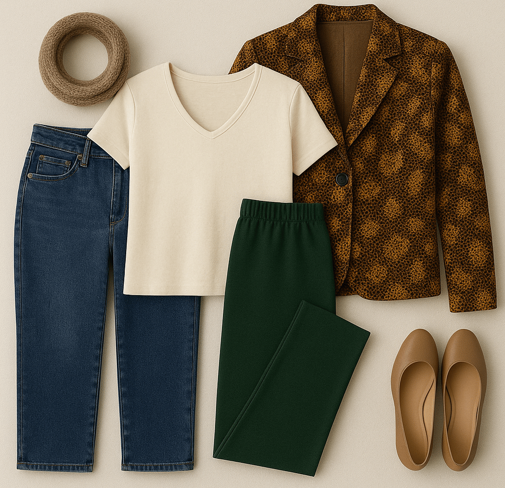 Flat lay of jeans, green pants, cream top, snakeskin jacket, scarf, and flats. 