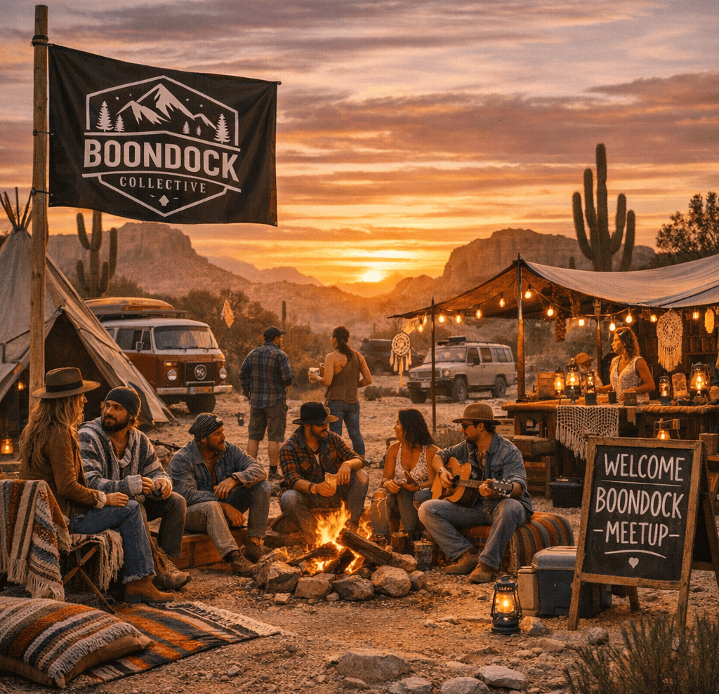 Bring the free‑spirited desert vibe: woven blankets, vintage vans, macramé decor, and sunset