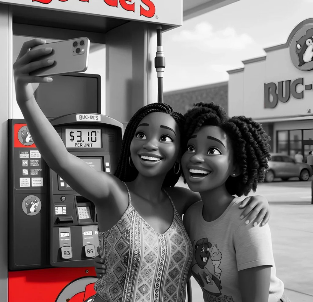 Two women on a road trip take a selfie at a gas pump.