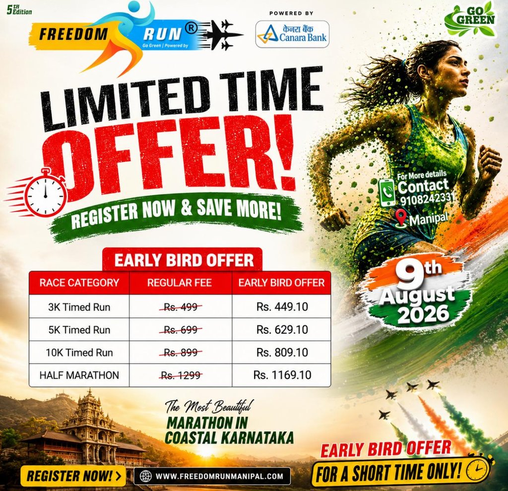 Freedom Run Manipal 2026 Early Bird Registration Fees