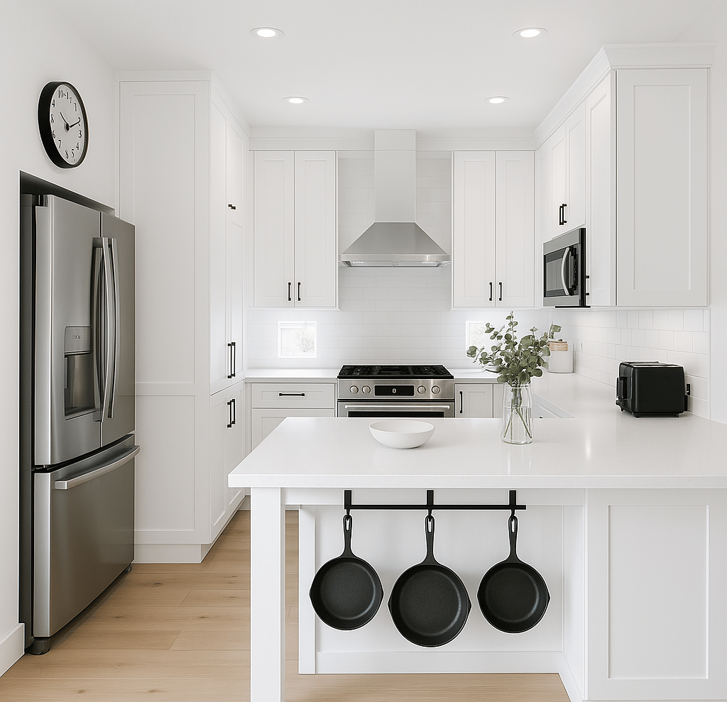 AI-generated kitchen render — generic interior design lacking personality and human judgment