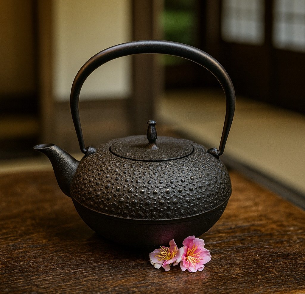 Japanischer gusseiserner Teekessel (Tetsubin) vor traditionellem japanischen Hintergrund 