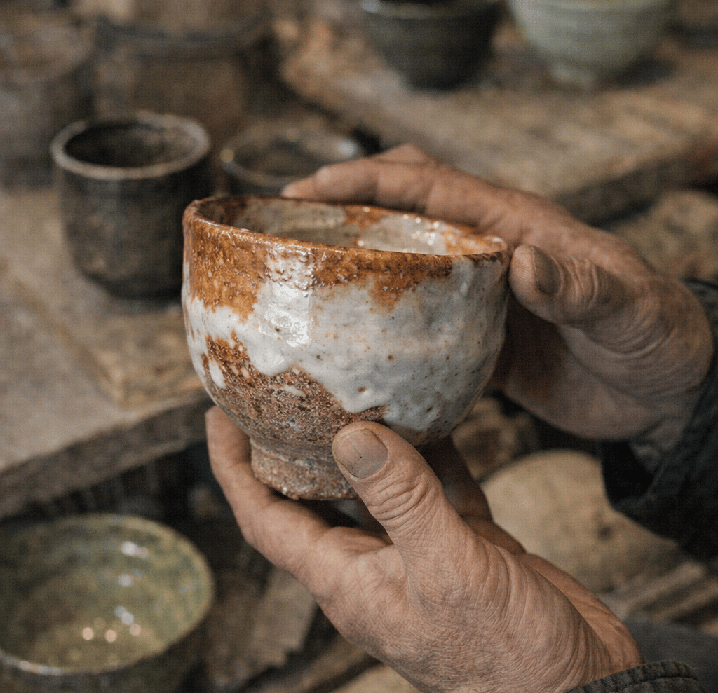 Potter's hands holding a handmade ceramic tea bowl with rustic white glaze in a pottery studio.