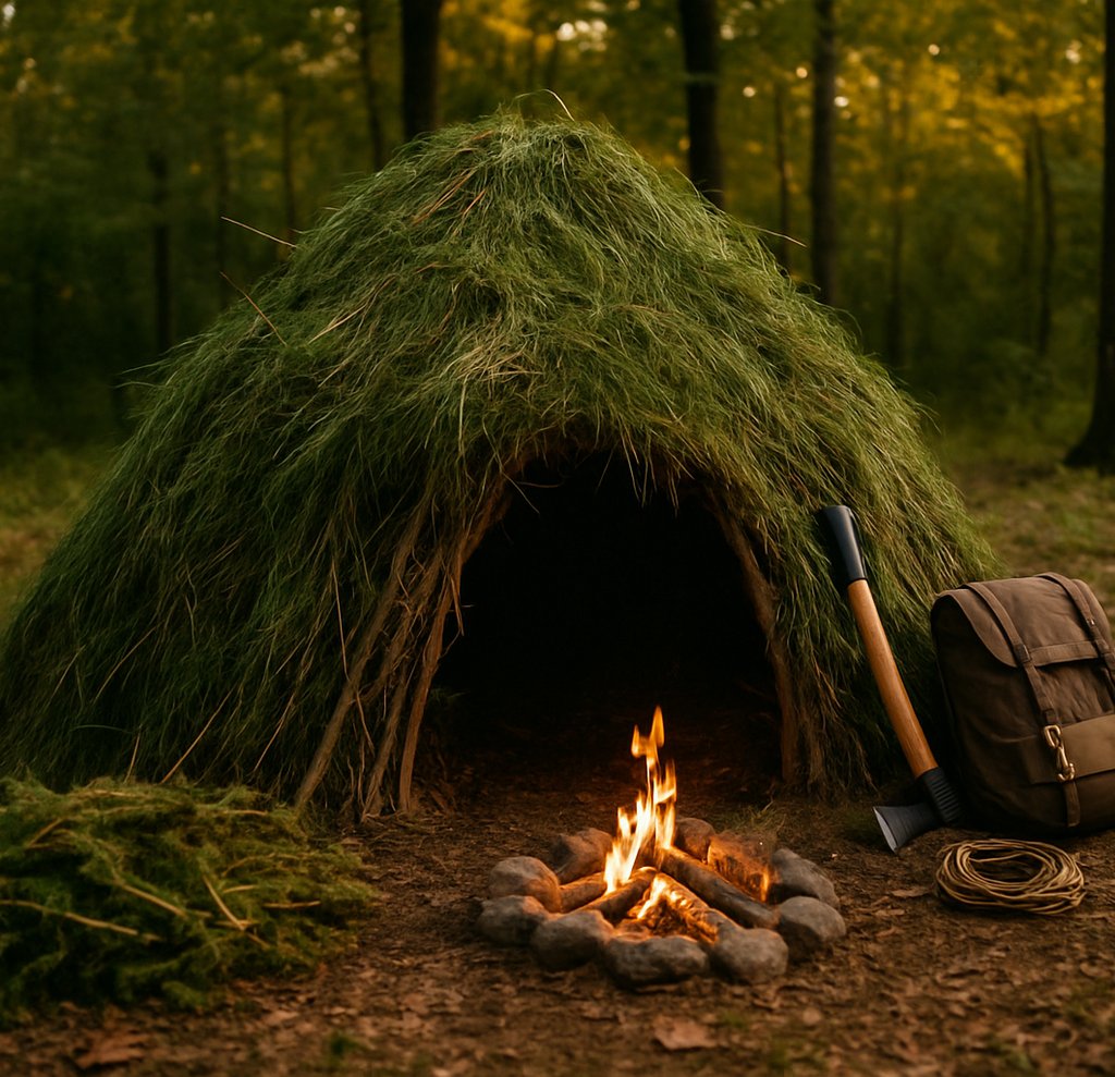 Natural debris hut covered in moss and branches with campfire outside