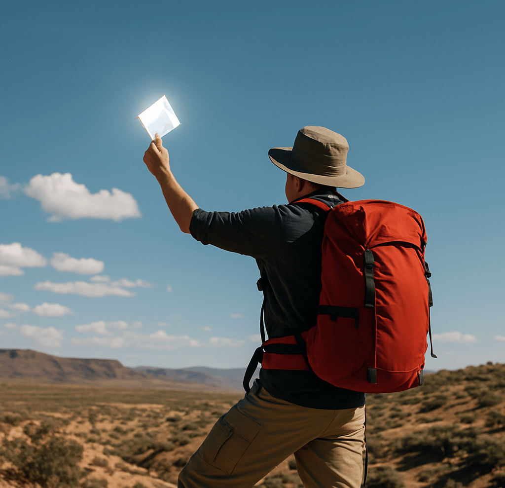 Hiker using reflective mirror to signal plane or rescue team in bright daylight, wilderness survival communication