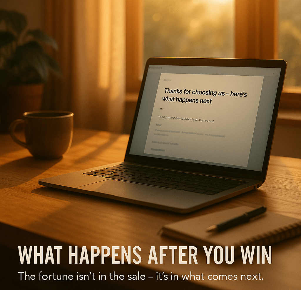 a laptop computer screen with an email explaining what happens next