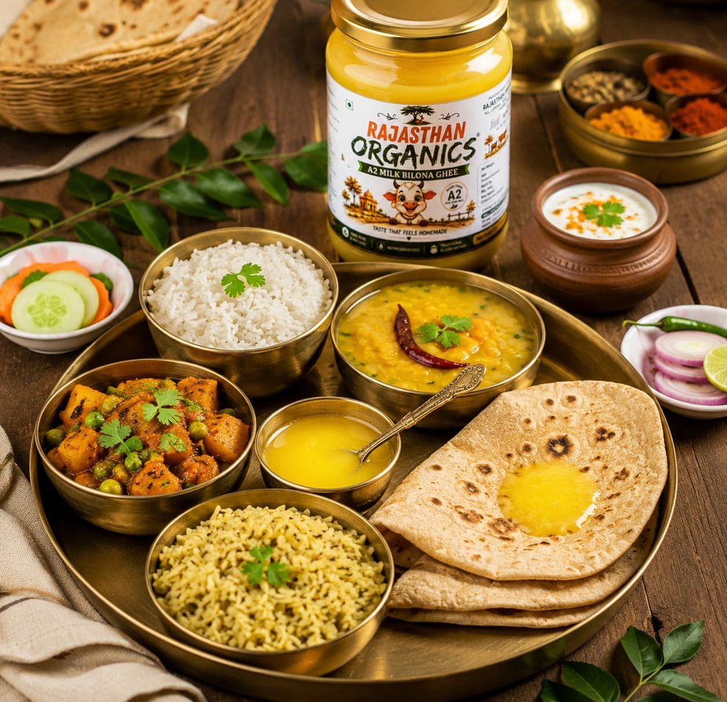 Traditional Indian thali featuring Rajasthan Organics A2 Bilona Ghee with dal, rice, and roti.