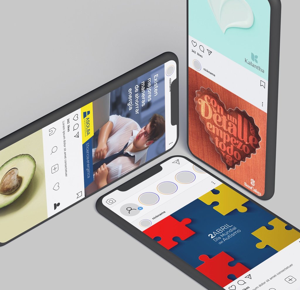 Tres pantallas de móvil en distintas posiciones mostrando distintas campañas en redes sociales