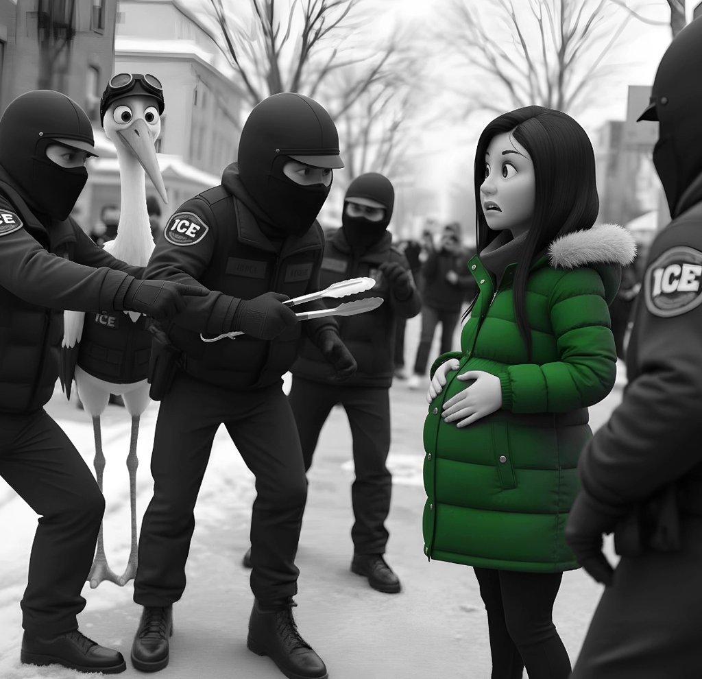 ICE agents and a stork wearing tactical gear terrorize a pregnant woman in Minnesota