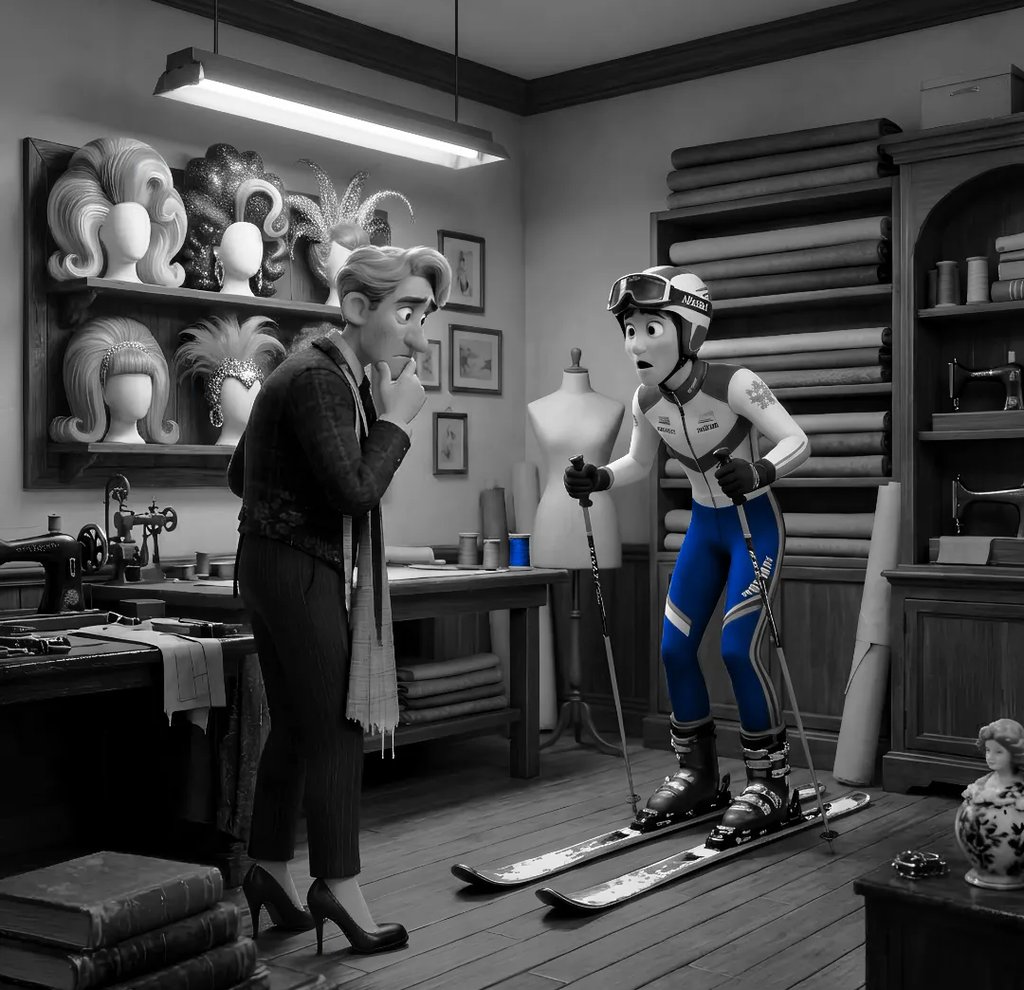An Olympic ski jumper stands in a drag performer's tailor shop seeking help with his uniform.