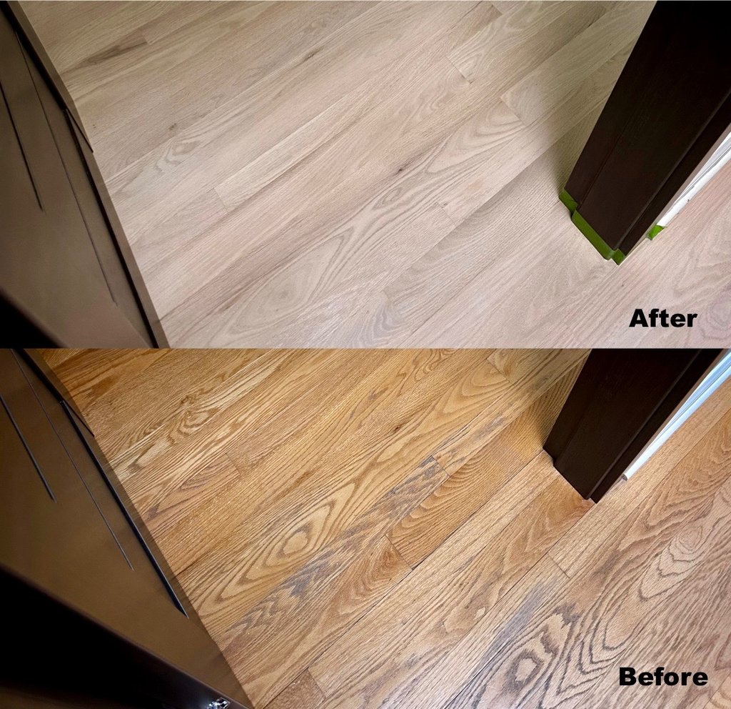 Restored hardwood: worn orange finish to custom modern stain