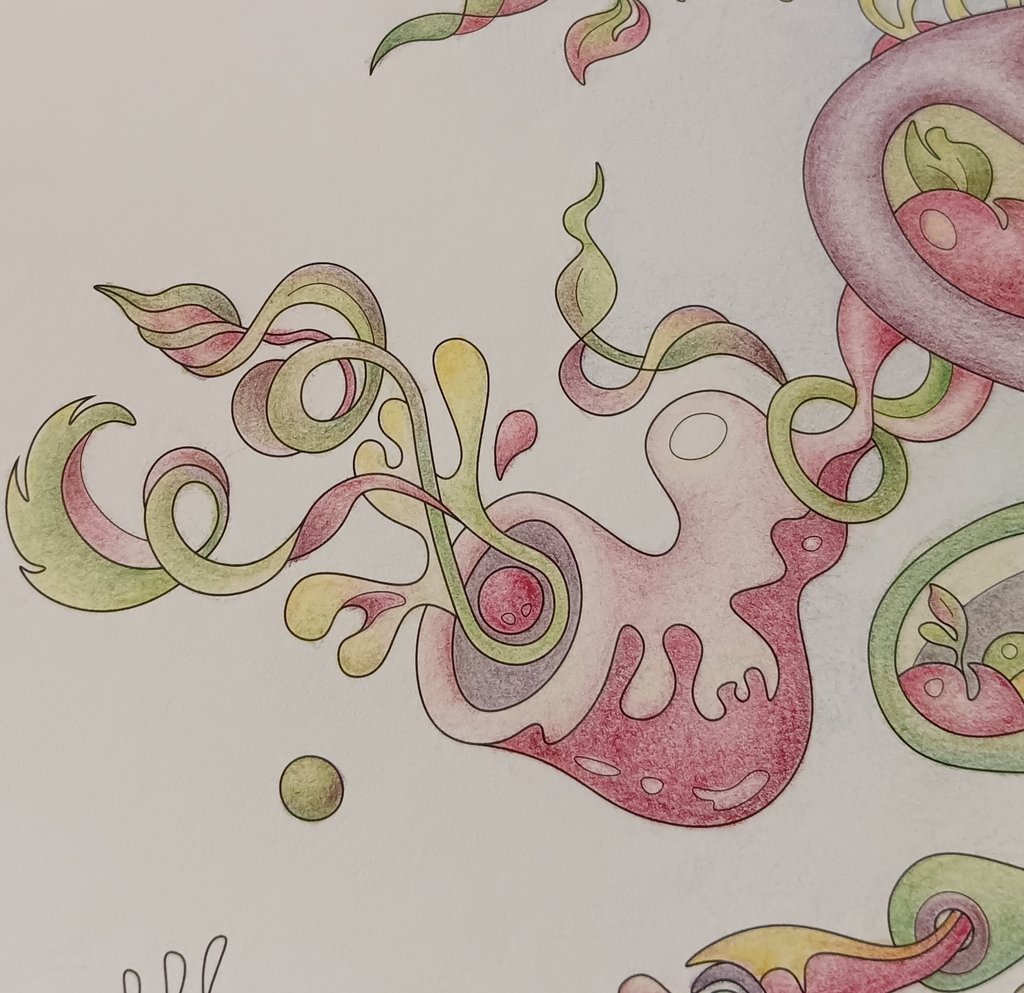 In-progress botanical detail from Intuitive Dialogues in green and red tones.
