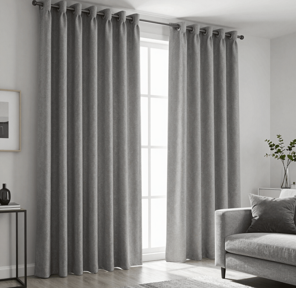 Modern grey blackout eyelet curtains hanging in a bright living room with a grey sofa.