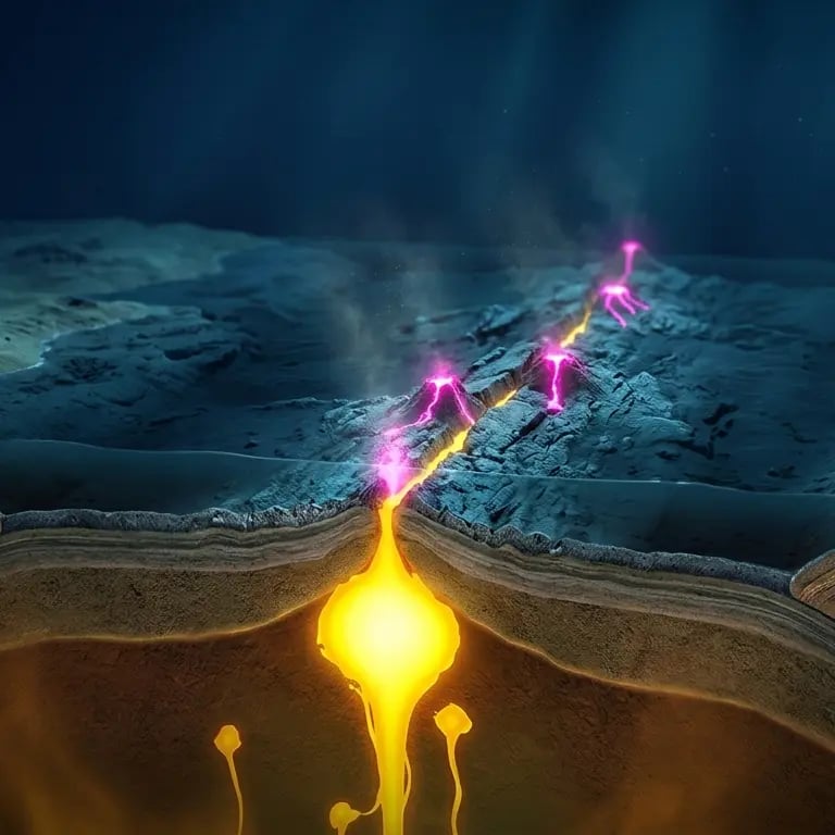 Cross-section of mid-ocean ridge showing tectonic plates separating and magma rising
