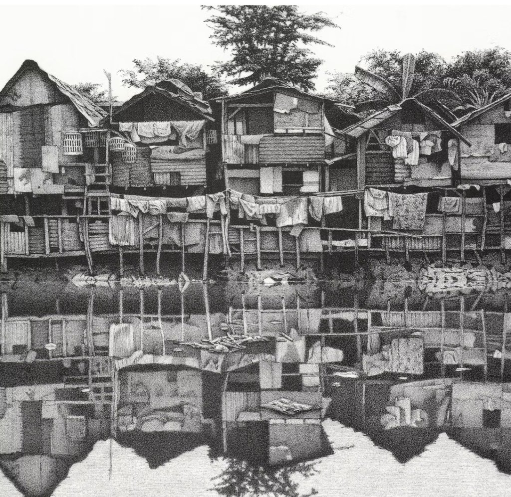 Kampung Jakarta Reflections, ink drawing ©Ken Pattern