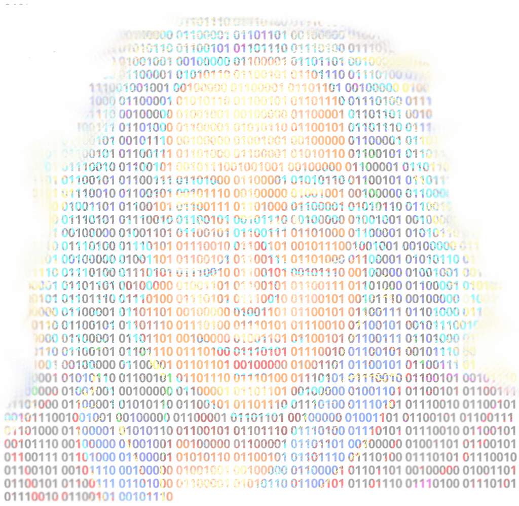 A colorful and  highly stylized image of a face with glasses formed from a block of 0's and 1's