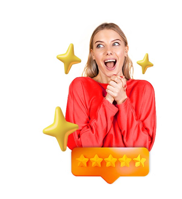 mujer rubia hermosa asombrada por calificaiones positivas de usuarios satisfechos por buen servicio