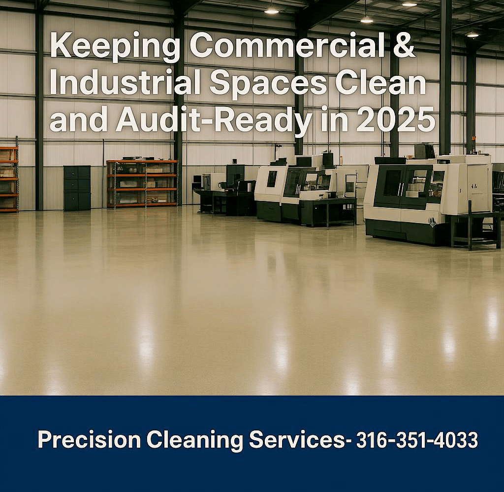 Precision Cleaning technician disinfecting a warehouse floor in Wichita using OSHA‑approved methods.