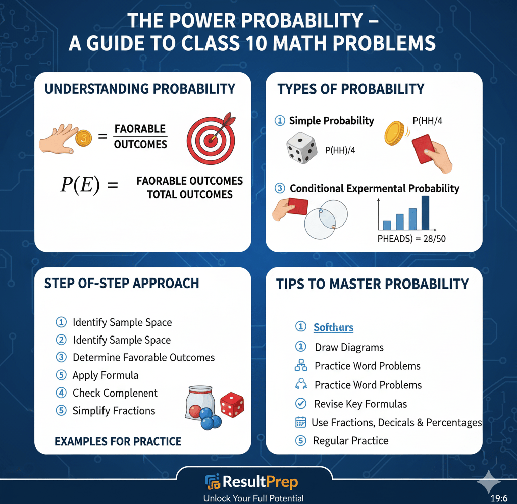 A vibrant illustration showing core probability concepts. It includes a coin flip with Heads/Tails o