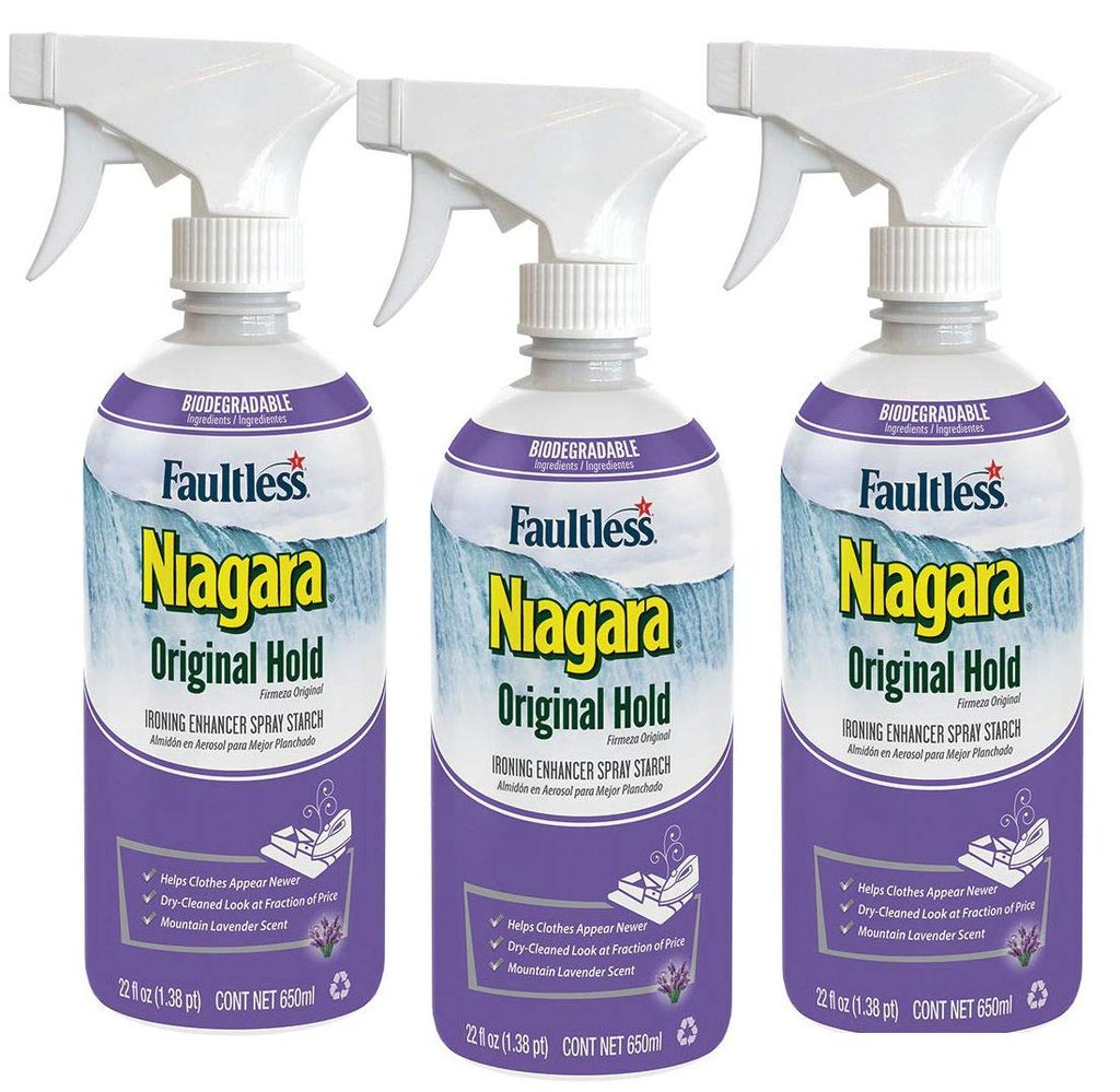 Three bottle of Niagara spray starch on a white background.