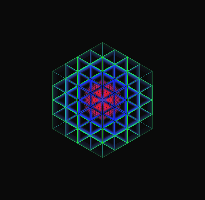 a colorful geometrical design with a red and green background