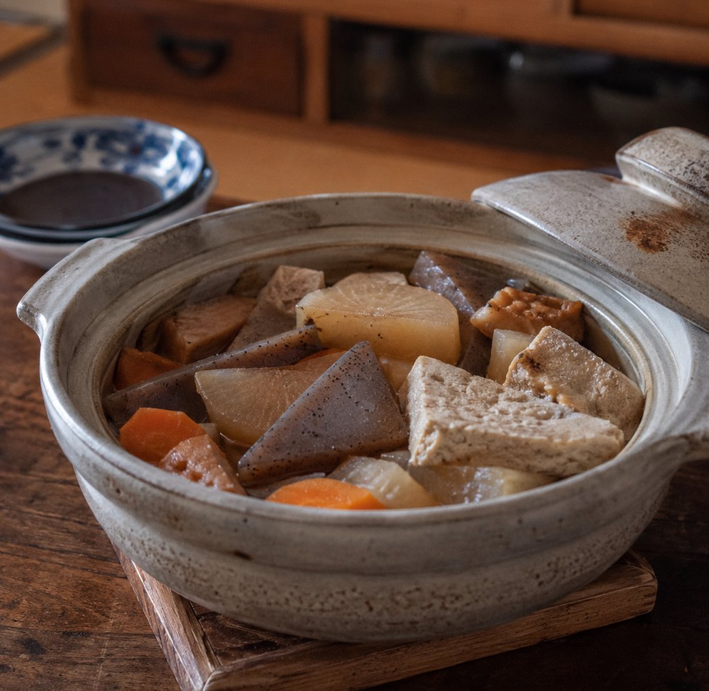 Traditional Japanese oden stew with daikon, konjac, and tofu served in a ceramic donabe pot.