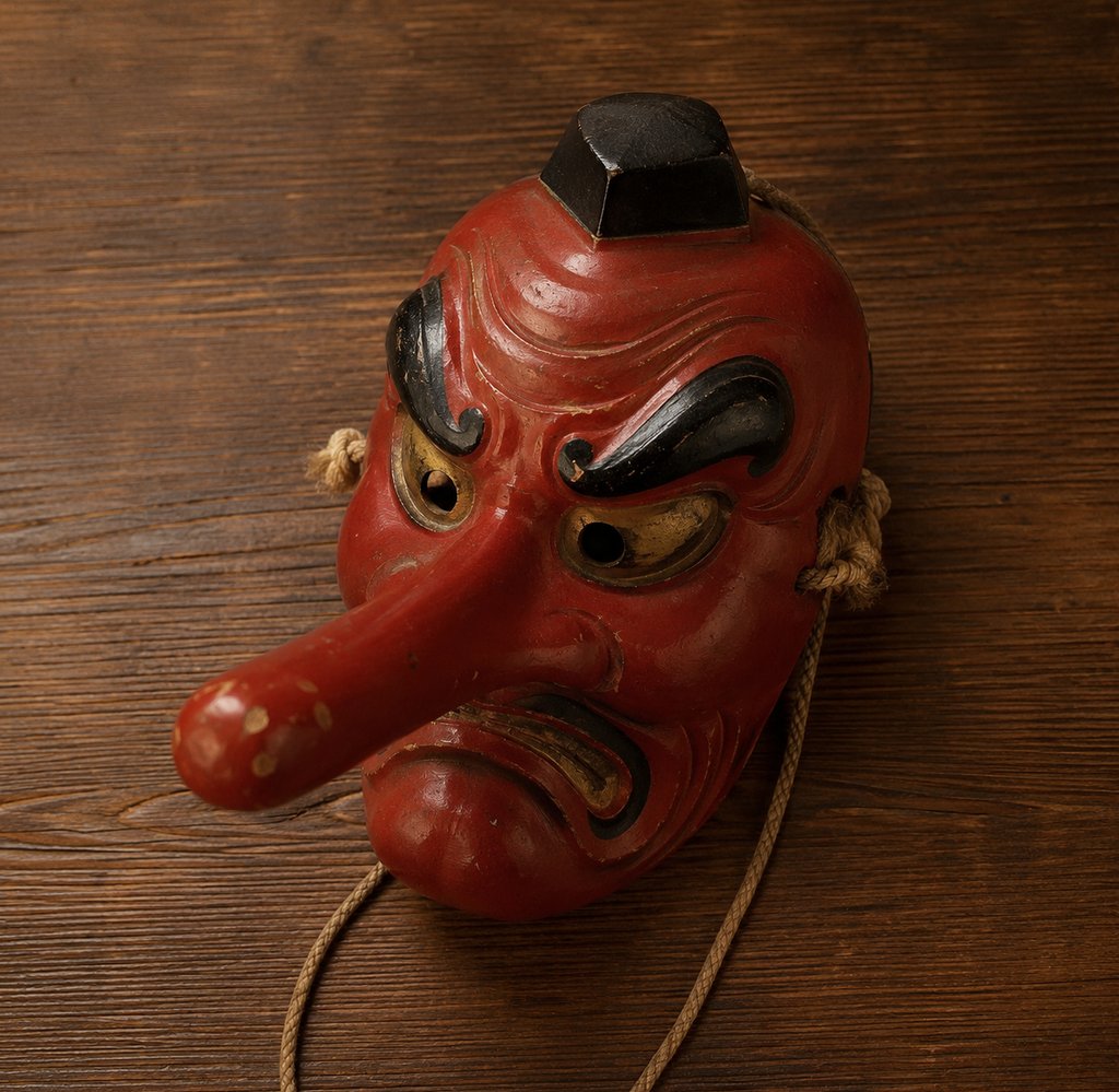 Traditional Japanese red Tengu mask with a long nose and angry expression on a dark wooden background.