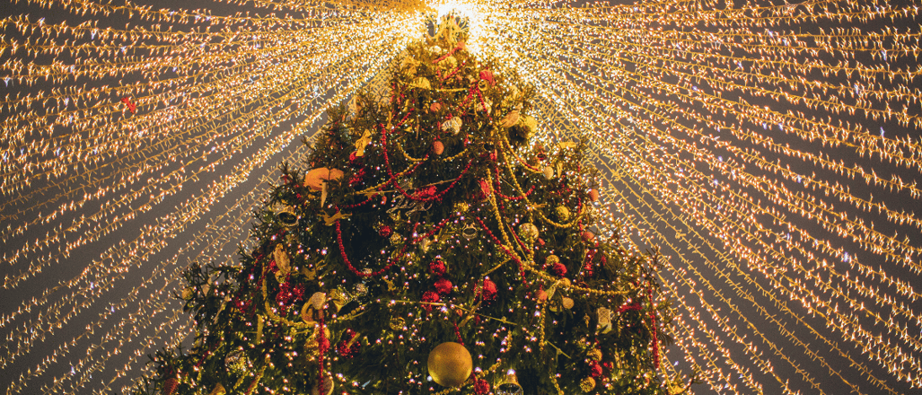 a christmas tree with lights and decorations