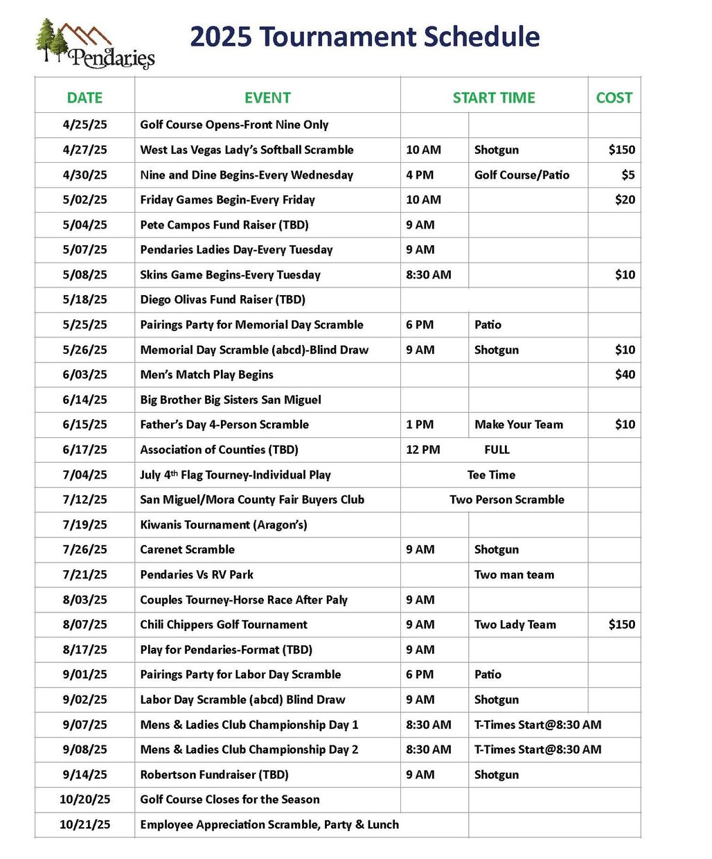 Tournament Schedule 2025