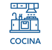 Ícono azul que representa cocina integral equipada en departamento, elemento gráfico