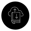 Icon white outline on black, with a book and multiple arrows and cloud.