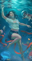 Illustration commission of a girl with her animal companions underwater trying to get out of her own darkness