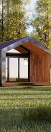 Modern prefab modular tiny home with wood and glass design