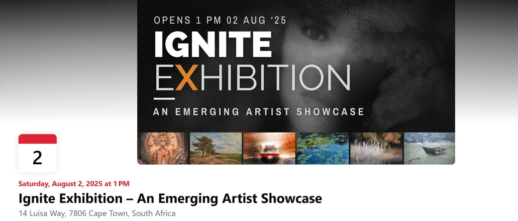 Facebook event banner for Ignite Exhibition with date, venue, and featured artworks
