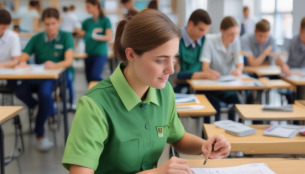 A hand holding a white face mask near a stand displaying brochures. The brochures have some text in German related to relaxation. The person is wearing a dark shirt and light-colored pants.